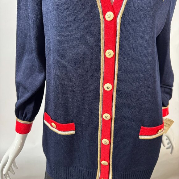 St. John Collection By Marie Gray Navy Cardigan With Red & Gold Trim S - Picture 15 of 16